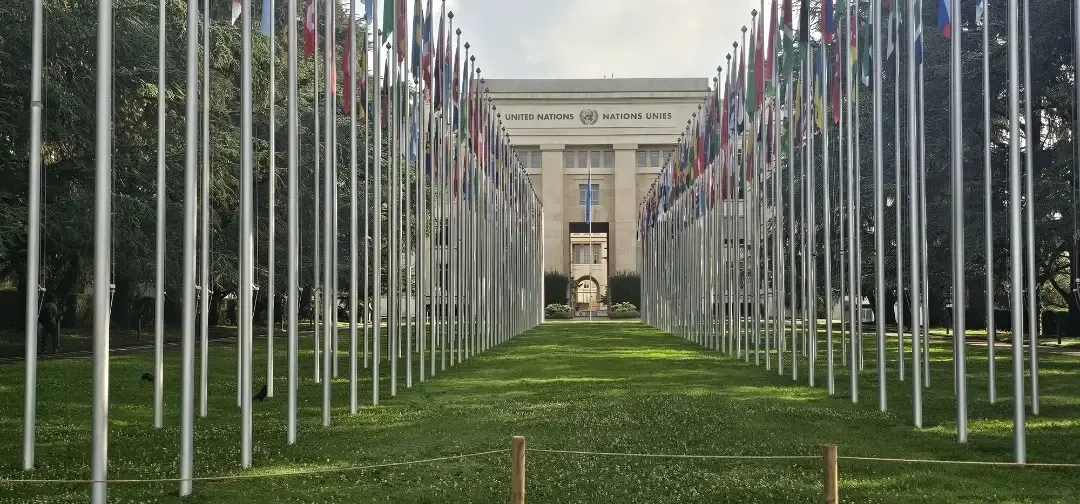 Rows of international flags leading toward a large institutional building.